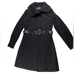 GUESS Women's Black Wool Blend Belted Coat Size Small Corporate Classic Academia